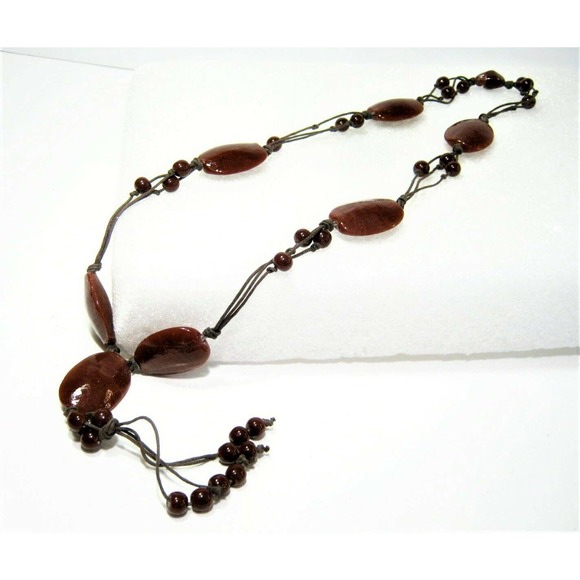 Chocolate Brown Striped Agate Tassel Casual BOHO style Drop Necklace 24 inch - Picture 3 of 3